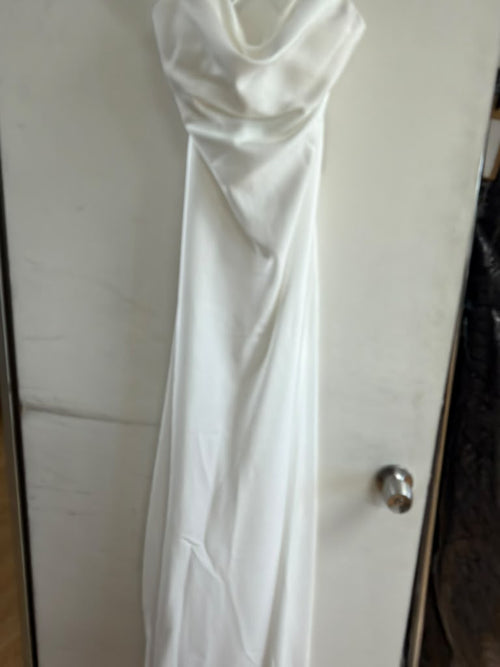 Clearance White Size 8 Satin Spaghetti Straps Wedding Gown by Amelia Couture 6111