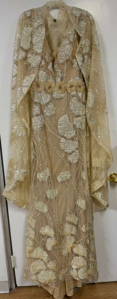Clearance Light Gold Size 6 Mother of the Bride Wedding Cape Long Evening Metallic Dress By Terani Couture 251M4326