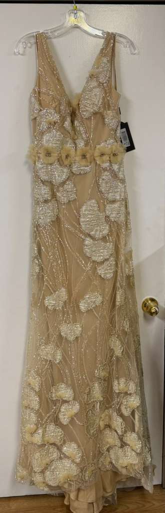 Clearance Light Gold Size 6 Mother of the Bride Wedding Cape Long Evening Metallic Dress By Terani Couture 251M4326