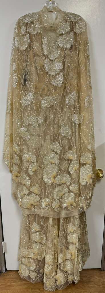 Clearance Light Gold Size 6 Mother of the Bride Wedding Cape Long Evening Metallic Dress By Terani Couture 251M4326