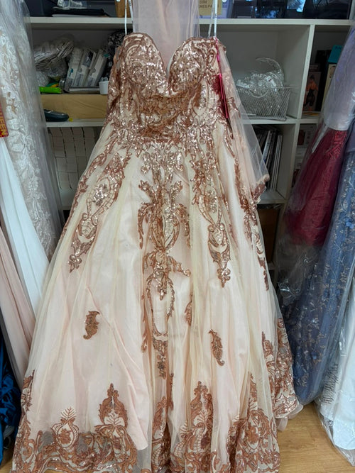 Clearance Champagne Size 2XL Sequin Print Strapless Ball Gown by Elizabeth K GL1914
