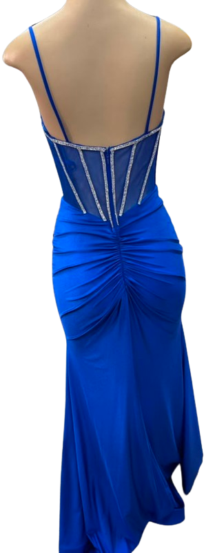 Spaghetti Straps Rhinestone Corset Mermaid Prom Dress Sheer Mesh Bodice Ruched Skirt by PL-004