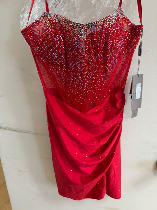 Clearance Red Size 0 Strapless Rhinestone Short Dress Satin Homecoming Dress by Amelia Couture 3108S
