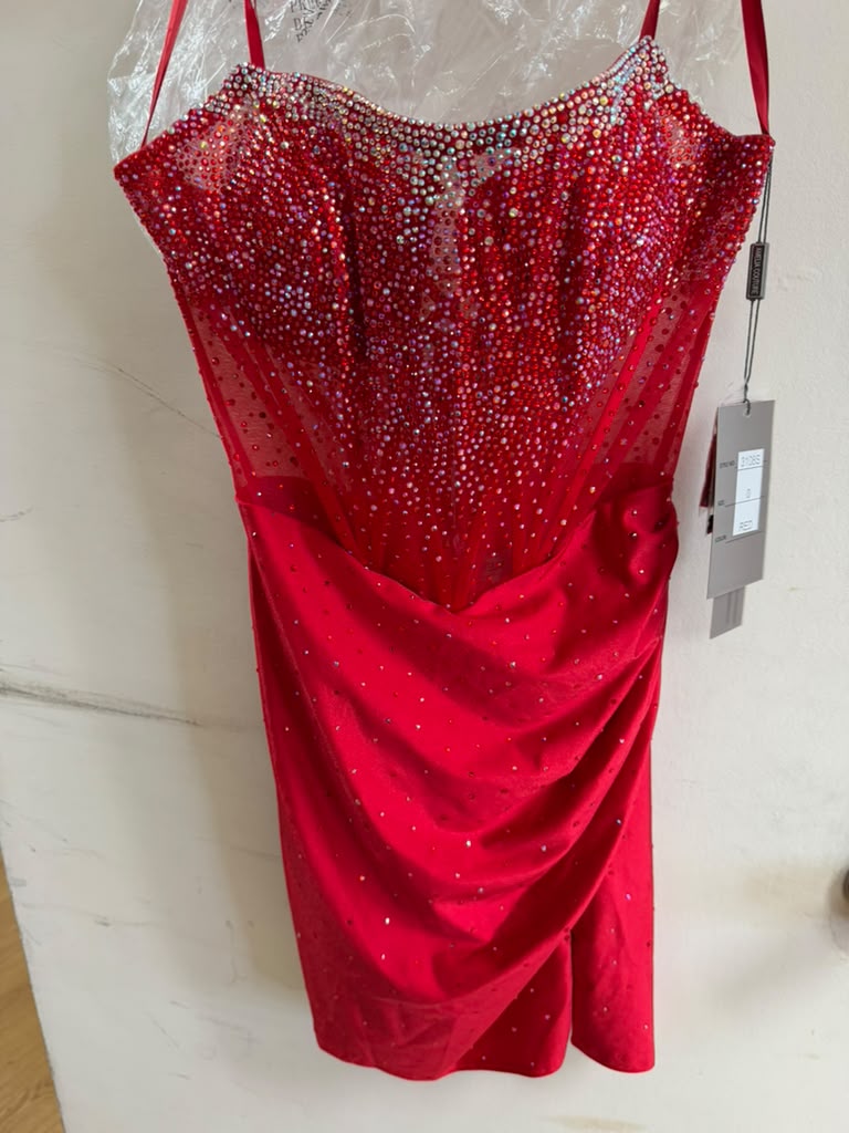 Clearance Red Size 0 Strapless Rhinestone Short Dress Satin Homecoming Dress by Amelia Couture 3108S