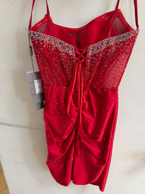 Clearance Red Size 0 Strapless Rhinestone Short Dress Satin Homecoming Dress by Amelia Couture 3108S