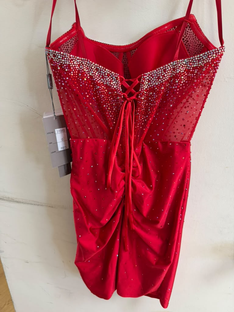 Clearance Red Size 0 Strapless Rhinestone Short Dress Satin Homecoming Dress by Amelia Couture 3108S