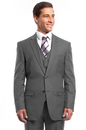 Traje de negocios con chaleco de dos botones para hombre en raya diplomática gris claro