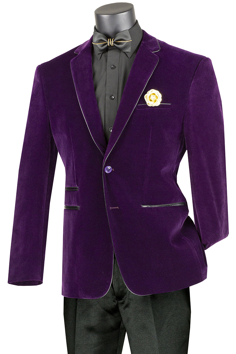 Blazer de terciopelo morado de dos botones para hombre con ribete de cuero negro
