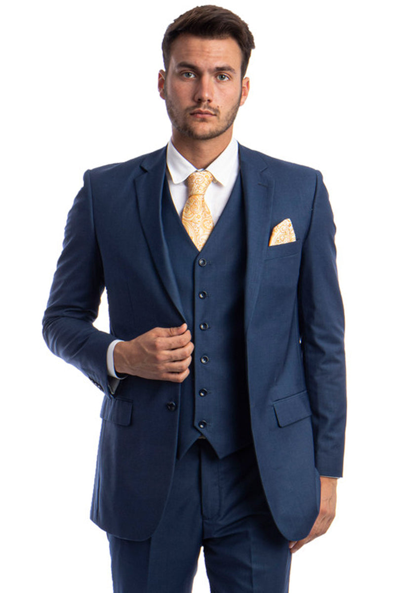 Traje de boda y negocios para hombre, de dos botones y color liso, en azul índigo