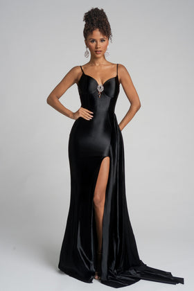 Portia and Scarlett XO037 Long Sweetheart Sleeveless Sheath Satin Crystal and Rhinestone Detail Prom Dress