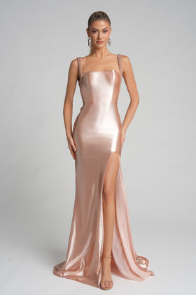 Portia and Scarlett XO074 Long Straight-Across Sleeveless Sheath Satin High Slit Prom Dress