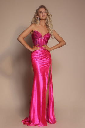 Portia and Scarlett XO098 Long V-Neck Sleeveless Sheath Lace Corset Bodice Prom Dress