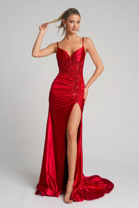 Portia and Scarlett XO168 Satin Lace-Up Detail Prom Dress