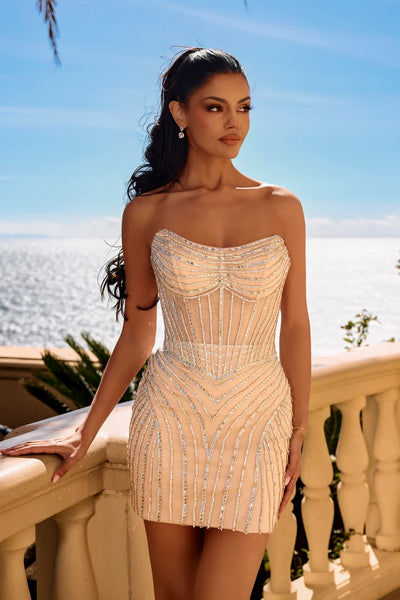 Strapless Sequin Illusion Corset Short Dress Beaded Homecoming Dress by Portia & Scarlett XO210