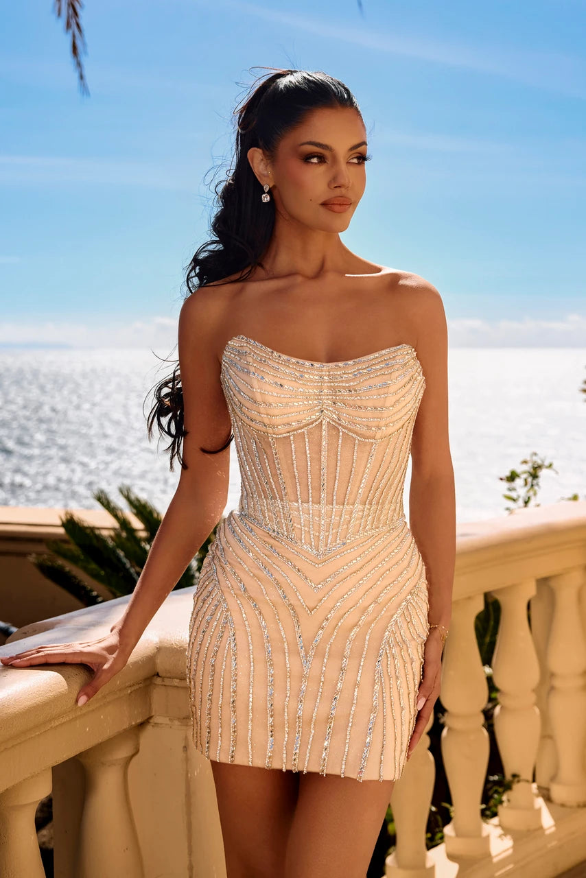 Strapless Sequin Illusion Corset Short Dress Beaded Homecoming Dress by Portia & Scarlett XO210
