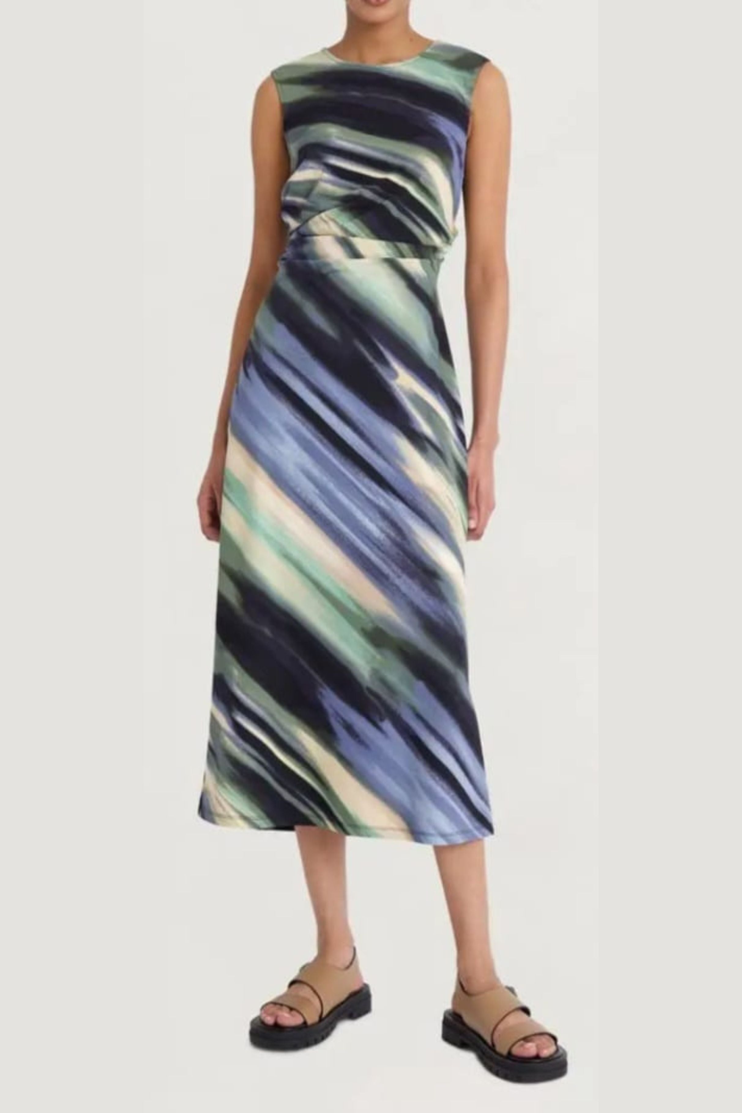 Luxely Y10081M Multi Color Sleeveless Scuba Crepe Midi Dress with Side Pleat Detail
