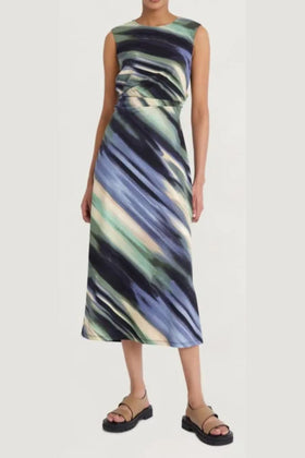 Luxely Y10081M Multi Color Sleeveless Scuba Crepe Midi Dress with Side Pleat Detail