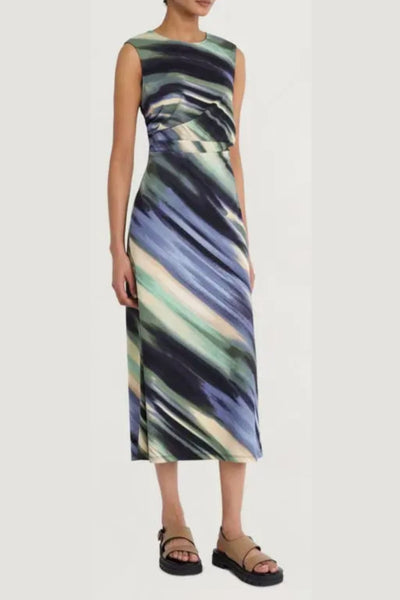 Luxely Y10081M Multi Color Sleeveless Scuba Crepe Midi Dress with Side Pleat Detail