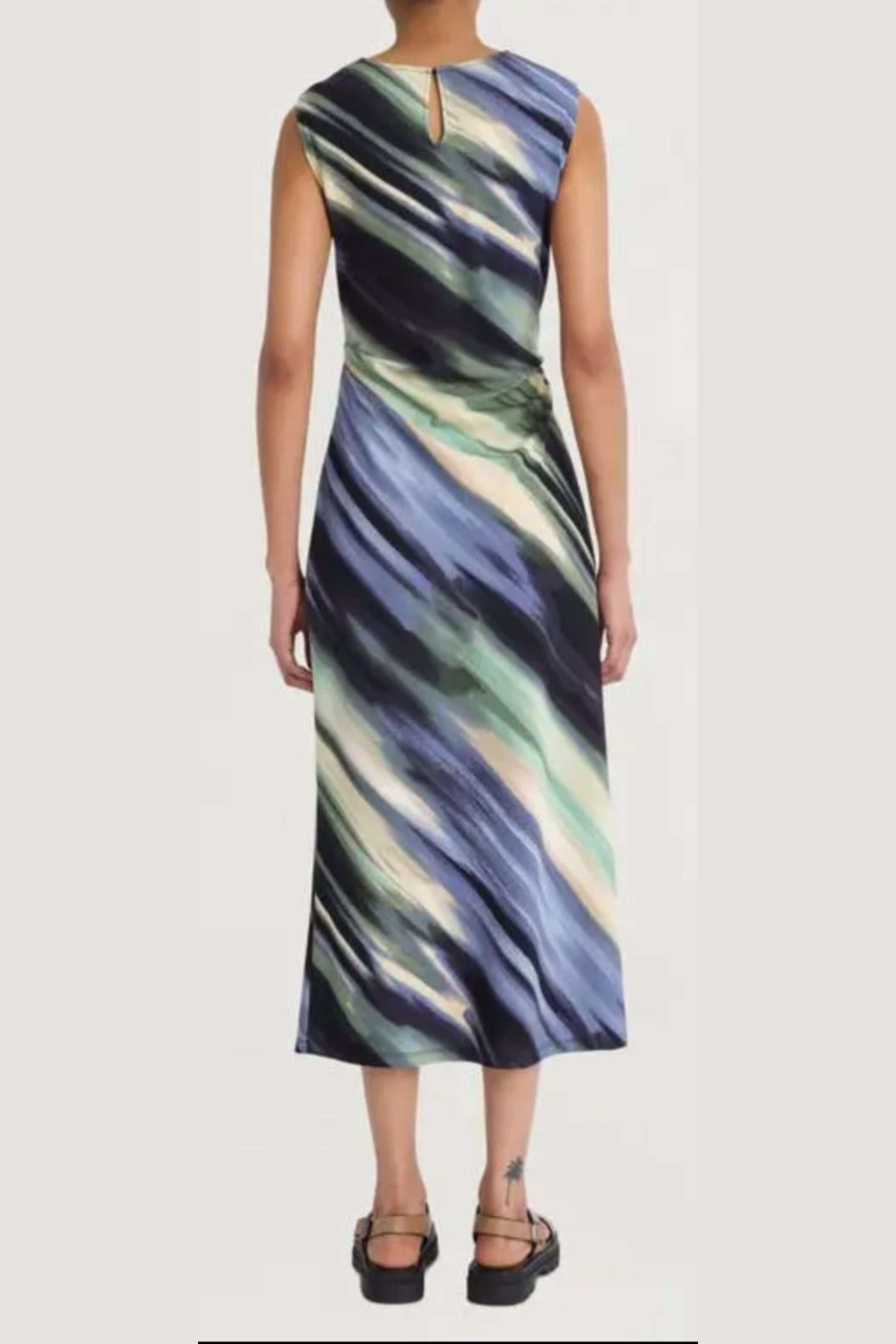 Luxely Y10081M Multi Color Sleeveless Scuba Crepe Midi Dress with Side Pleat Detail