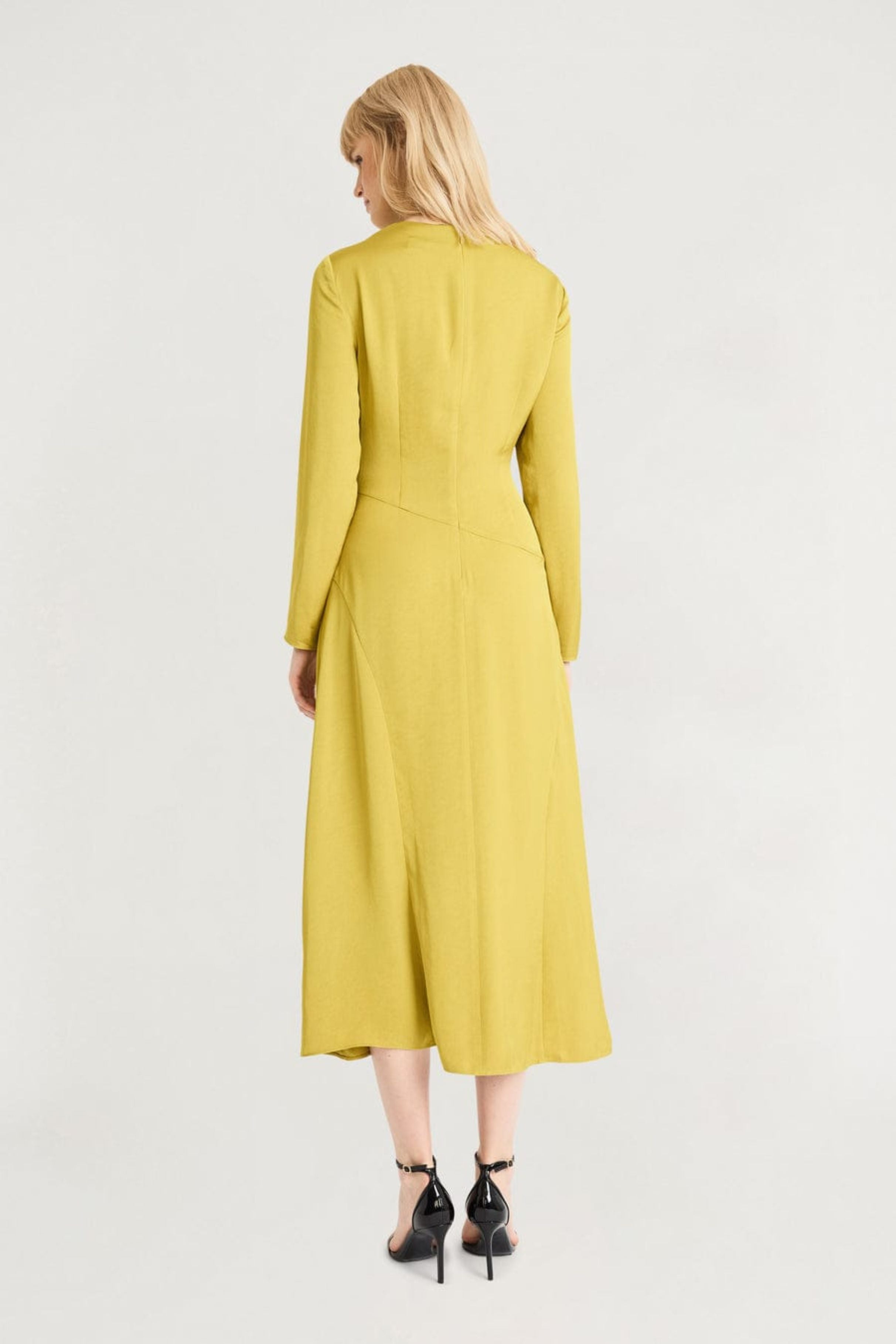 Luxely Y10096M Long Sleeve Mock Neck Drop Waist A-Line Midi Dress