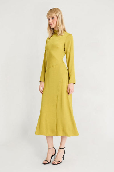Luxely Y10096M Long Sleeve Mock Neck Drop Waist A-Line Midi Dress