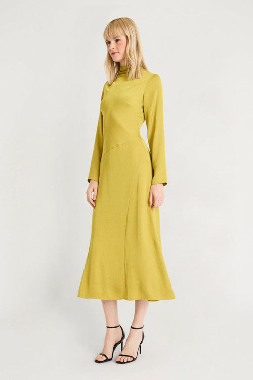 Luxely Y10096M Long Sleeve Mock Neck Drop Waist A-Line Midi Dress