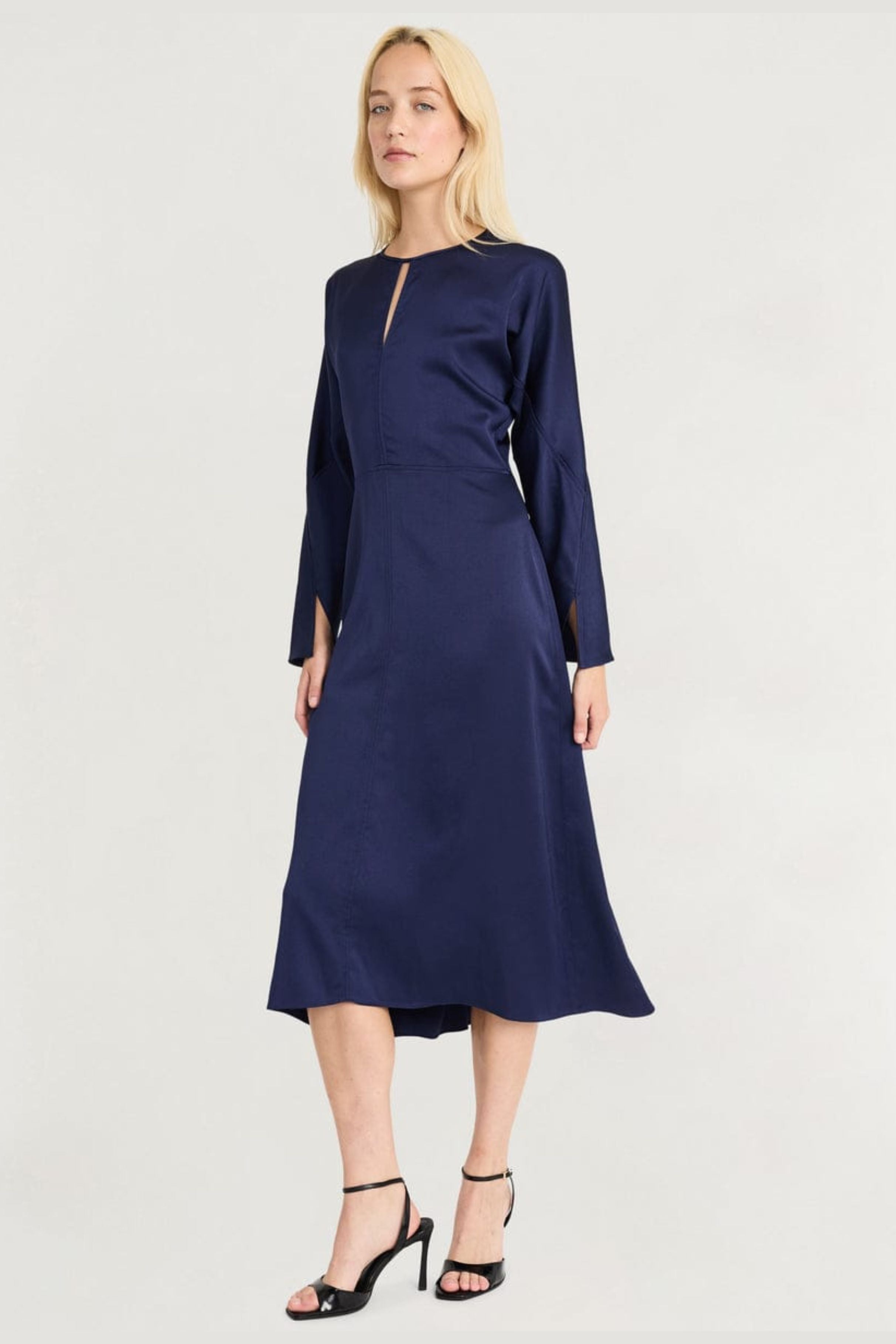 Luxely Y10111M Long Batwing Sleeve Hi-Lo Midi Dress with Peep Hole Neckline