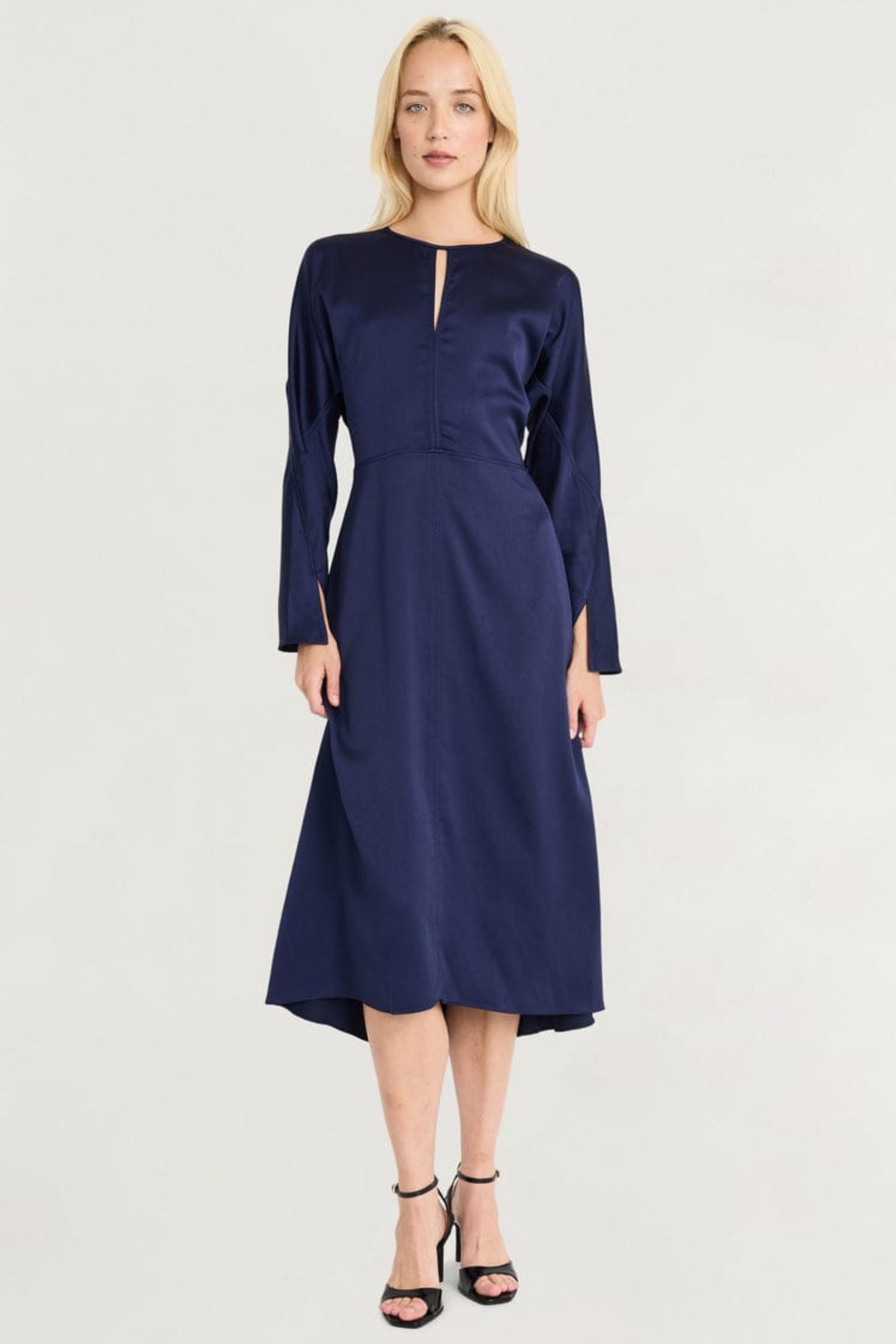 Luxely Y10111M Long Batwing Sleeve Hi-Lo Midi Dress with Peep Hole Neckline