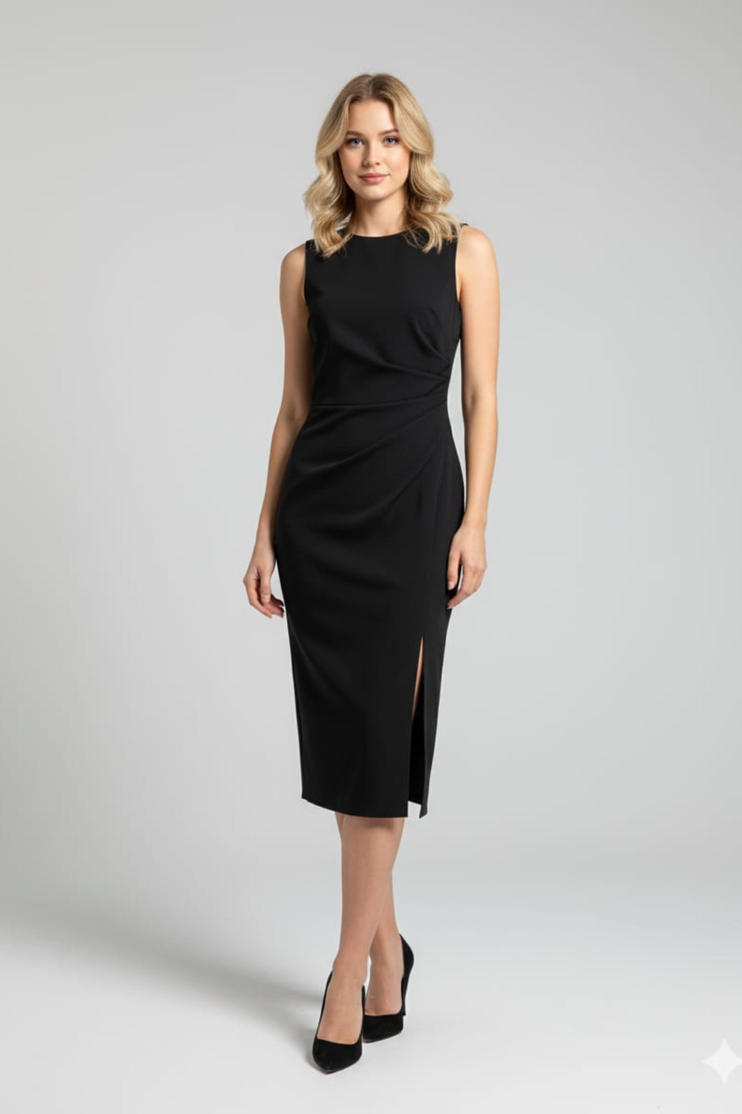 Luxely Y10134M Sleeveless Sheath Midi Dress with Side Pleat and Front Slit