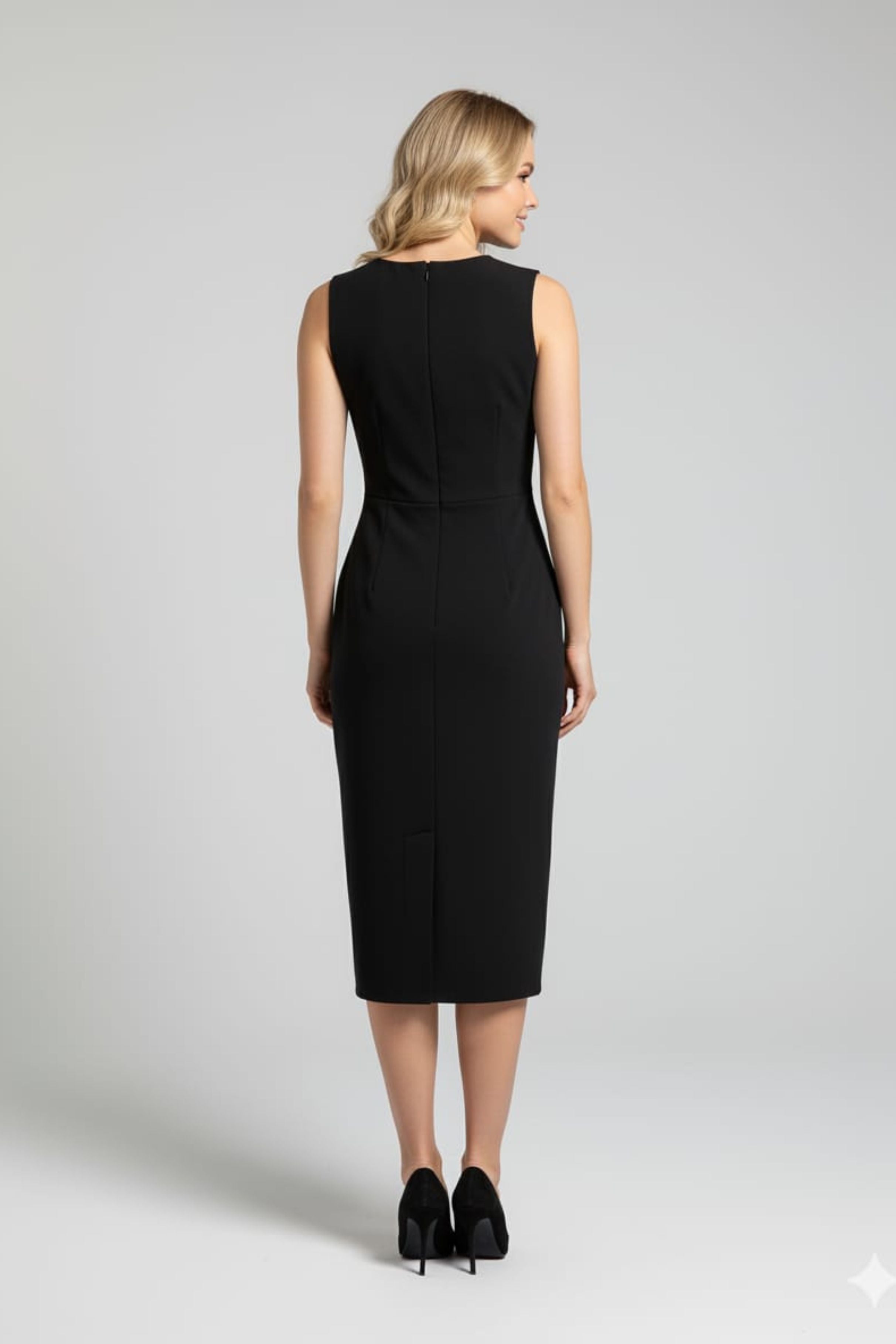 Luxely Y10134M Sleeveless Sheath Midi Dress with Side Pleat and Front Slit