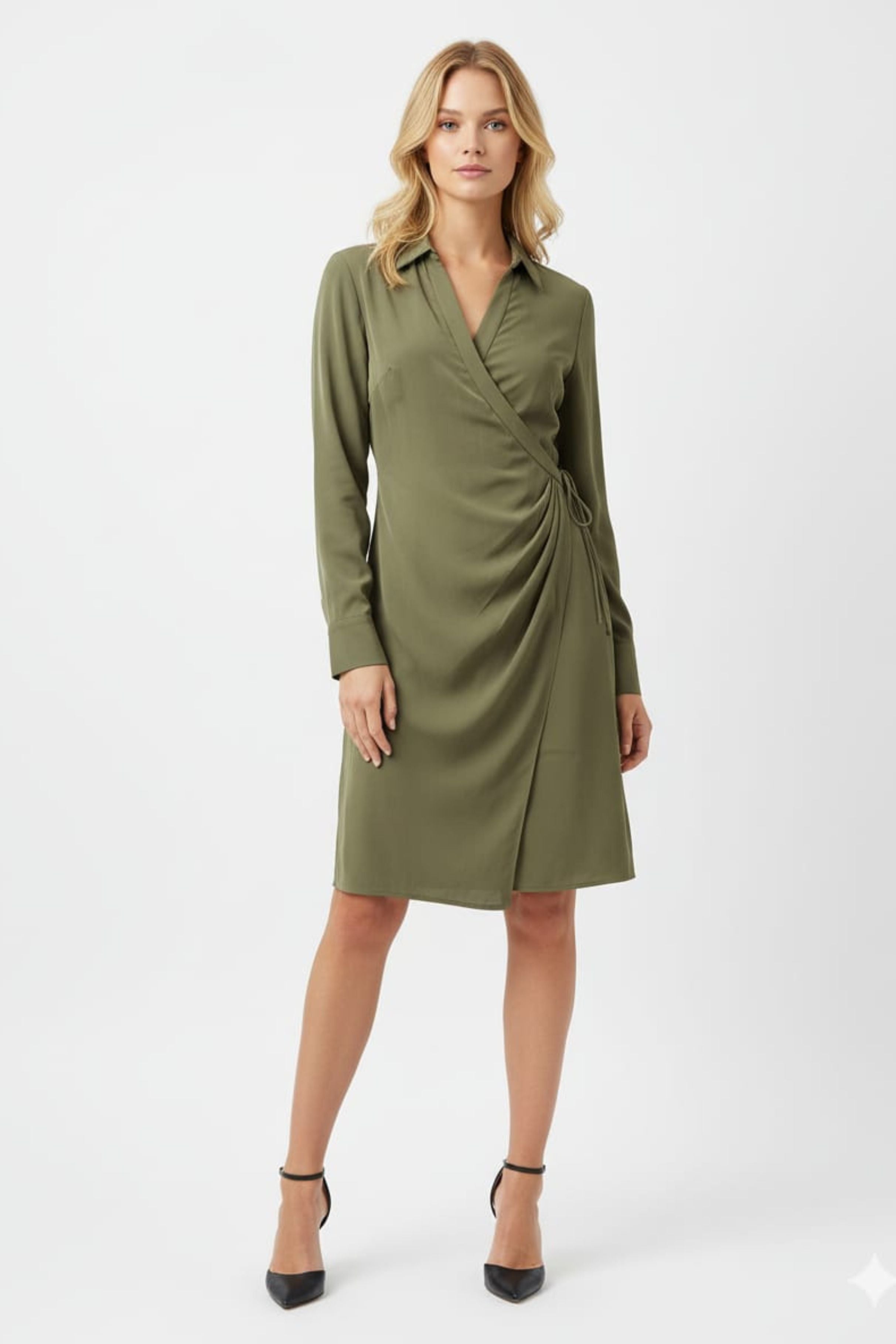 Luxely Y10145M Collared Long Sleeve Wrap Dress with Button Cuffs