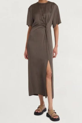 Luxely Y10151M Short Sleeve Tie Knot Sateen Maxi Dress with Front Slit