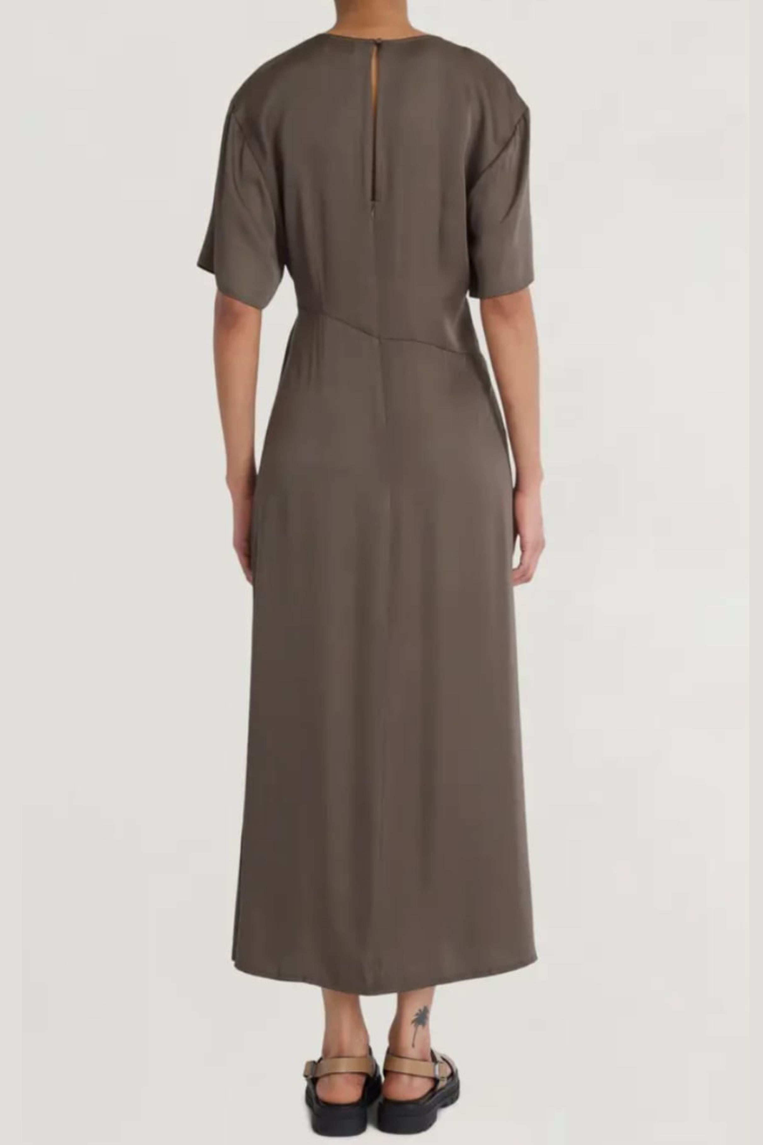 Luxely Y10151M Short Sleeve Tie Knot Sateen Maxi Dress with Front Slit