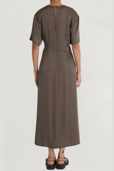 Luxely Y10151M Short Sleeve Tie Knot Sateen Maxi Dress with Front Slit