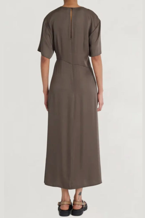 Luxely Y10151M Short Sleeve Tie Knot Sateen Maxi Dress with Front Slit
