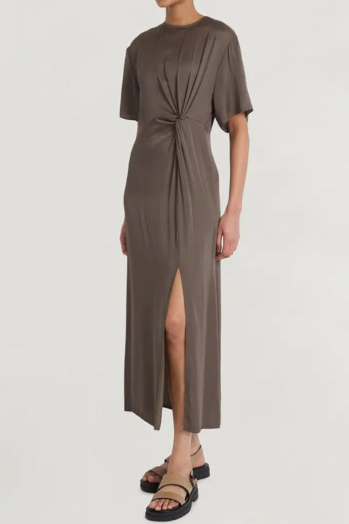 Luxely Y10151M Short Sleeve Tie Knot Sateen Maxi Dress with Front Slit