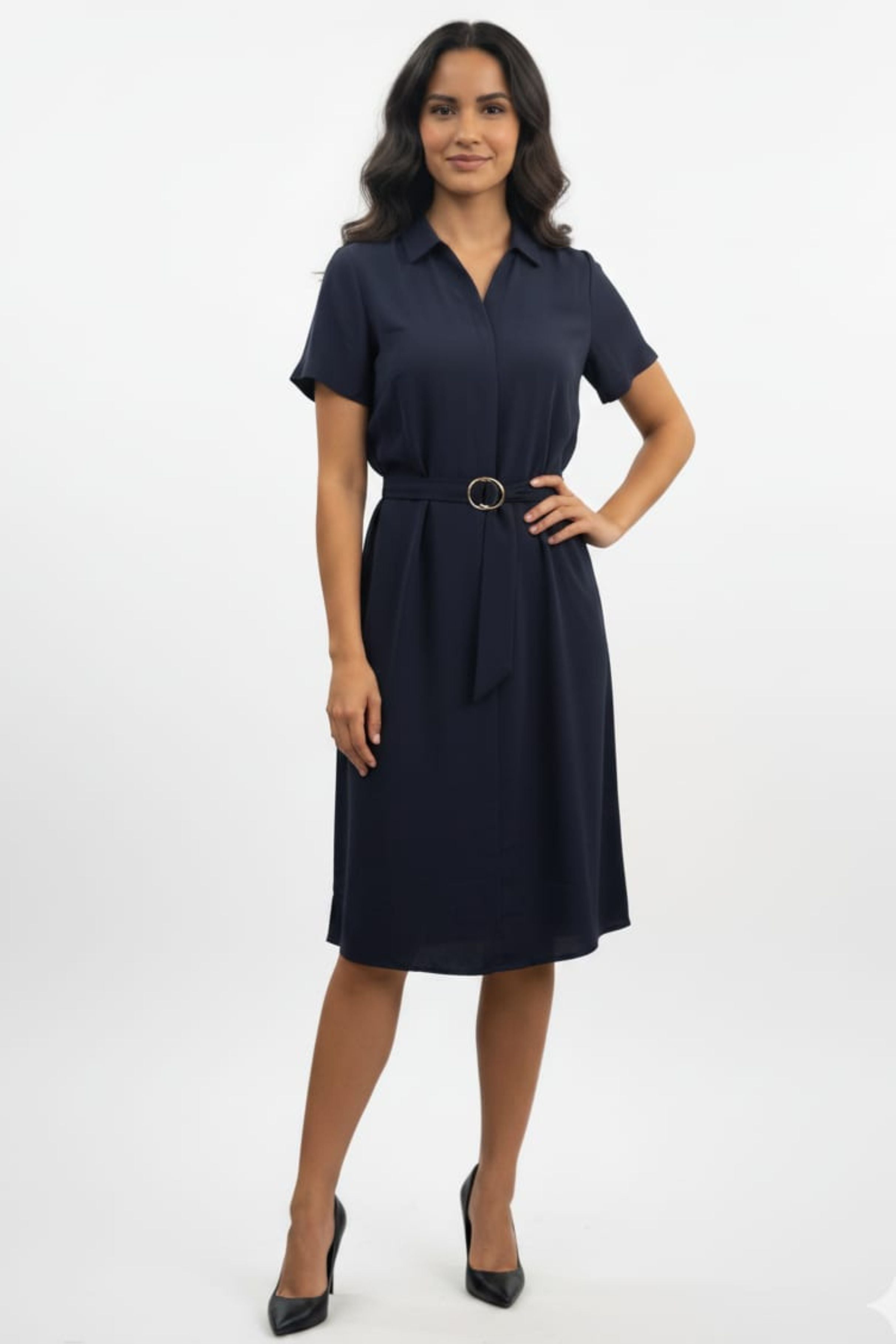Luxely Y10189M Collared Short Sleeve A-Line Midi Dress with Belt and Pockets