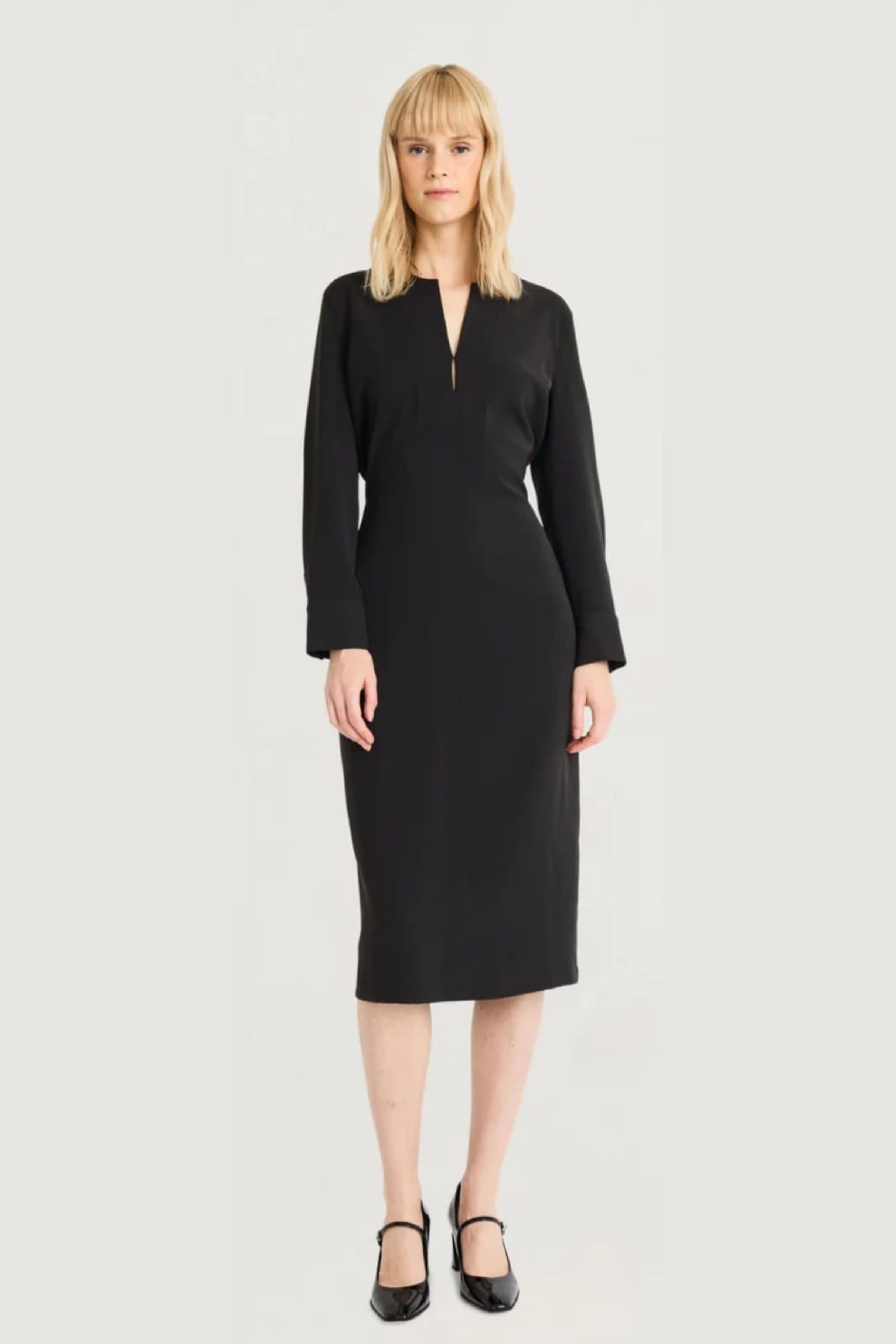 Luxely Y10209M Classic Long Sleeve Crepe Sheath Midi Dress with Button Cuffs