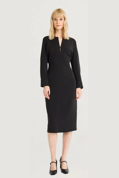 Luxely Y10209M Classic Long Sleeve Crepe Sheath Midi Dress with Button Cuffs