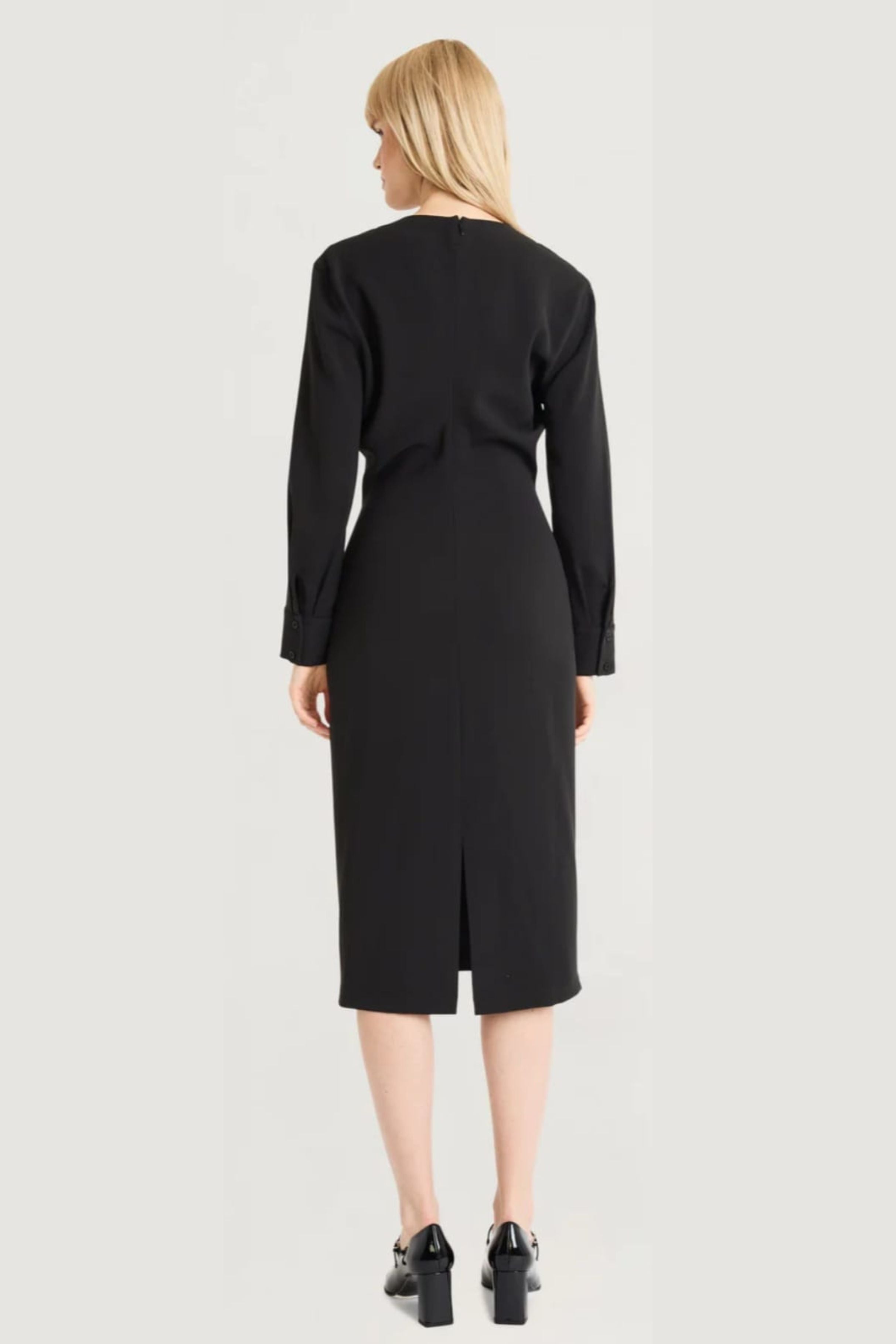 Luxely Y10209M Classic Long Sleeve Crepe Sheath Midi Dress with Button Cuffs