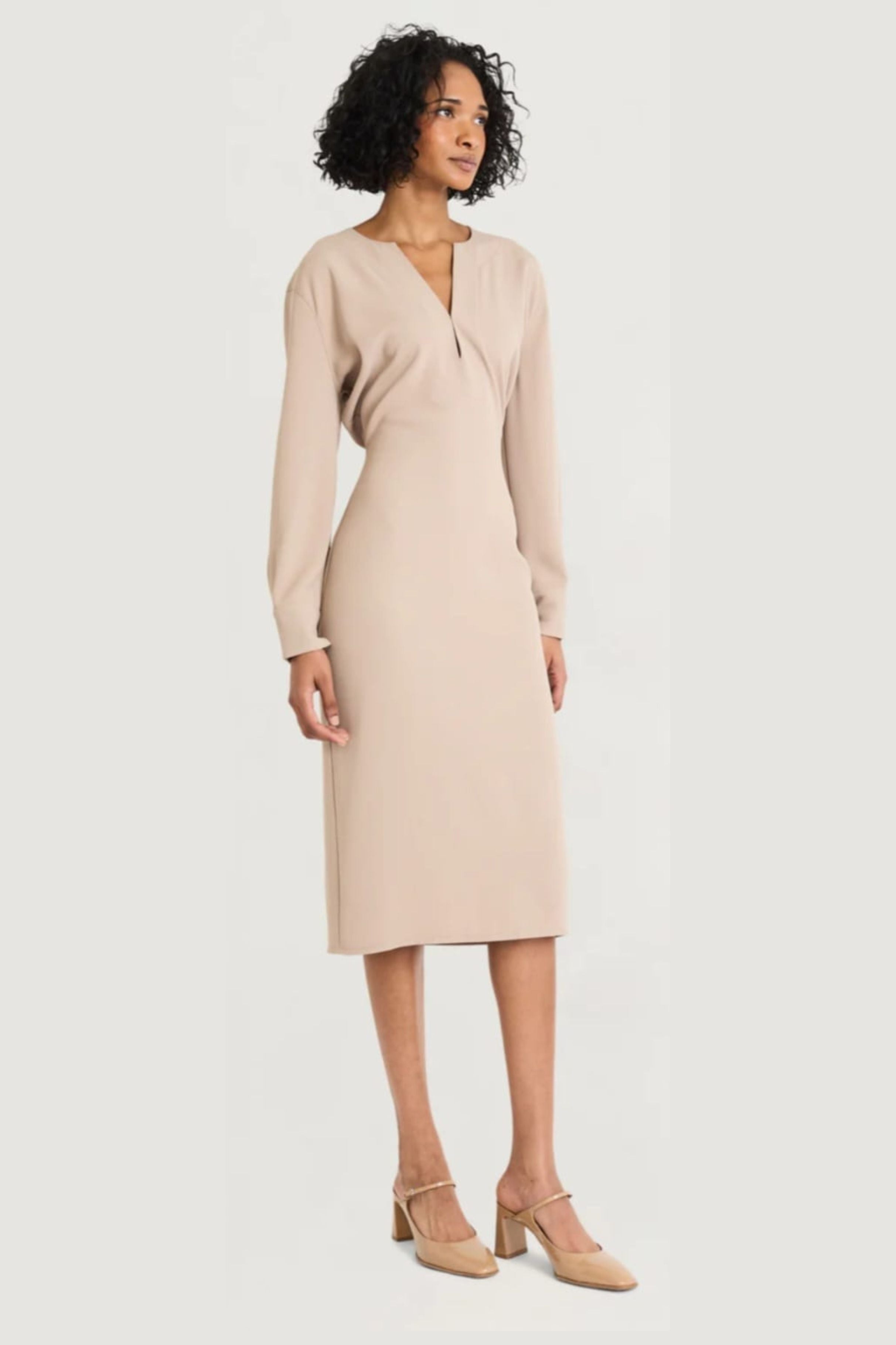 Luxely Y10209M Classic Long Sleeve Crepe Sheath Midi Dress with Button Cuffs