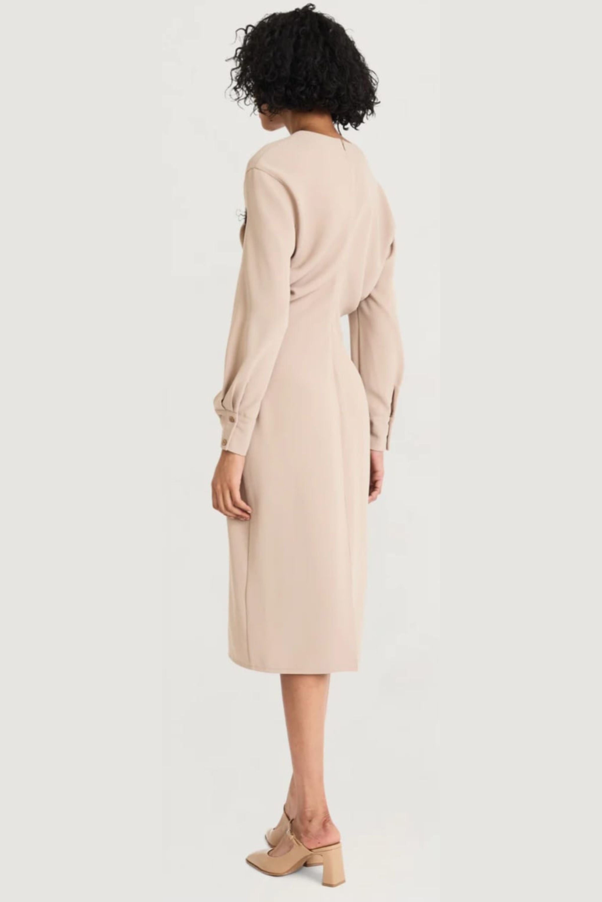 Luxely Y10209M Classic Long Sleeve Crepe Sheath Midi Dress with Button Cuffs