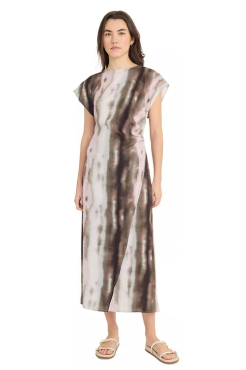 Luxely Y10213M Multi Color Cap Batwing Sleeve Sheath Maxi Dress with Side Pleat Detail