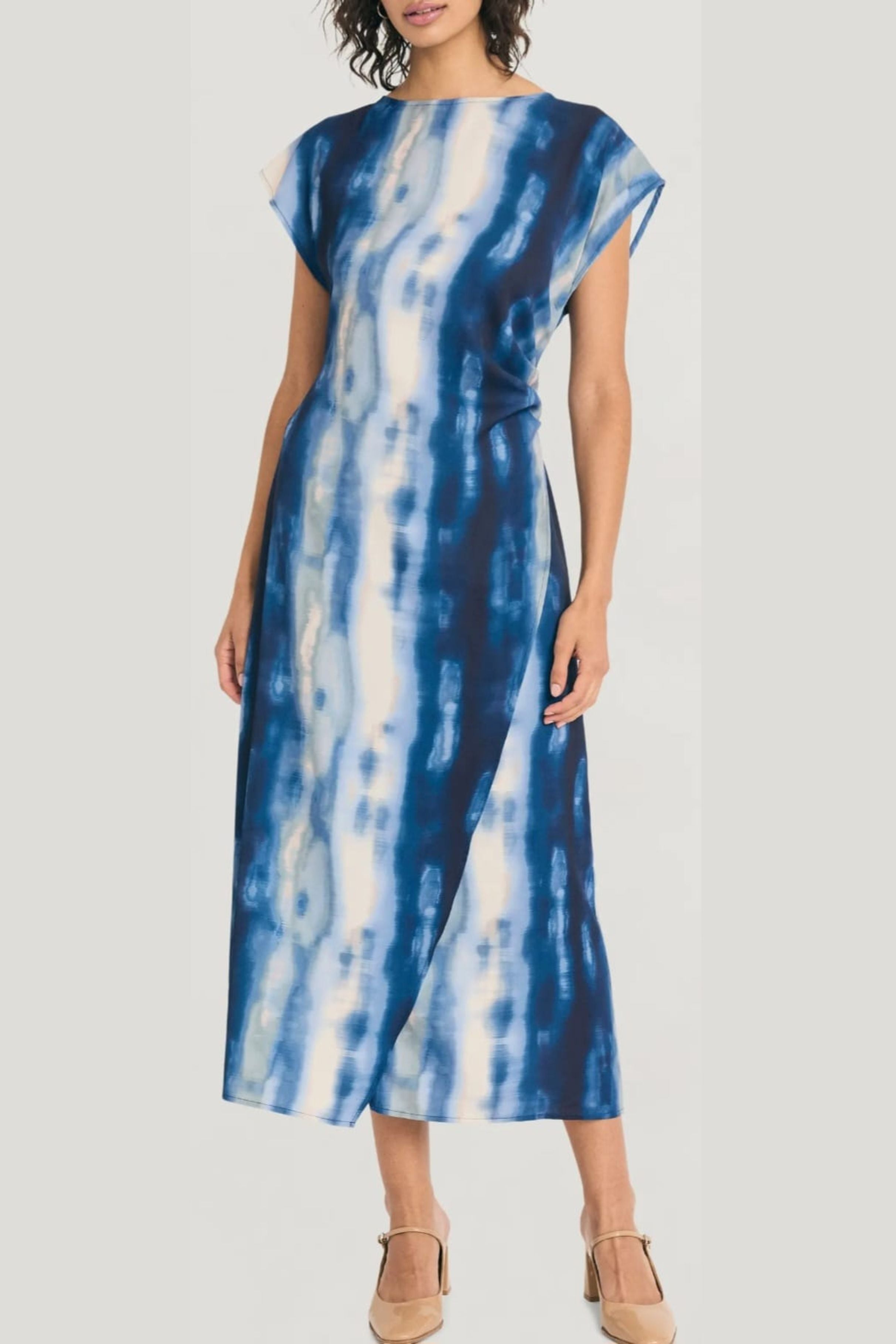Luxely Y10213M Multi Color Cap Batwing Sleeve Sheath Maxi Dress with Side Pleat Detail