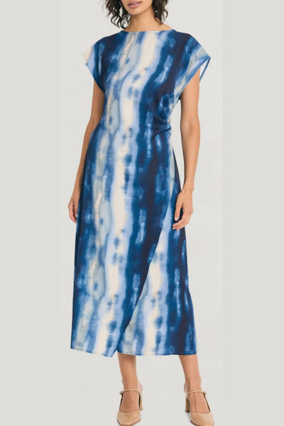Luxely Y10213M Multi Color Cap Batwing Sleeve Sheath Maxi Dress with Side Pleat Detail