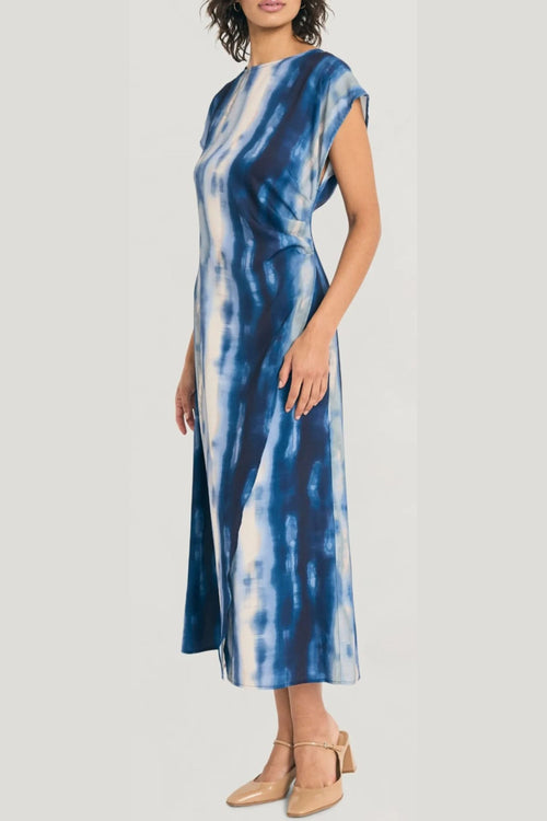 Luxely Y10213M Multi Color Cap Batwing Sleeve Sheath Maxi Dress with Side Pleat Detail