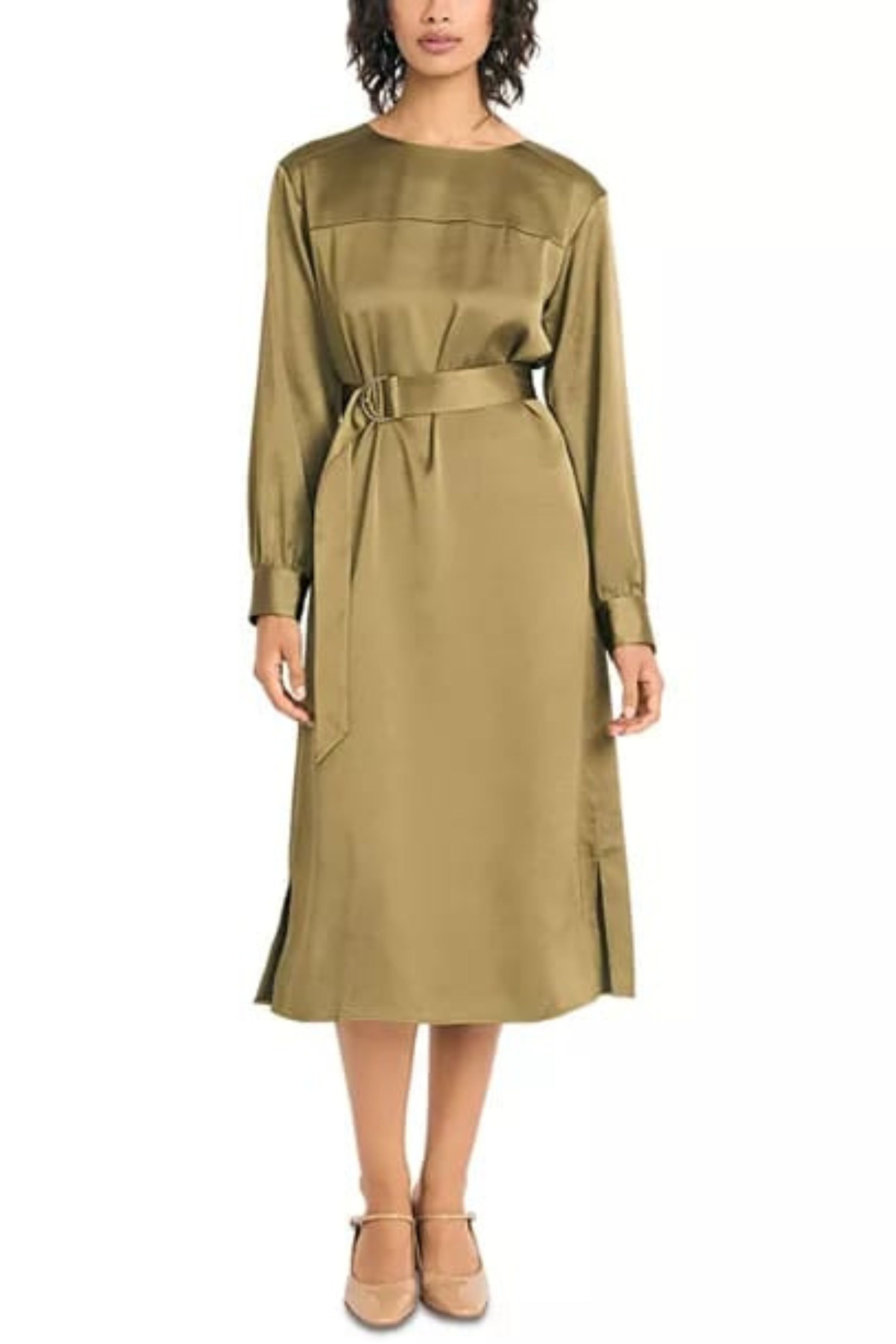 Luxely Y10214M Long Sleeve Belted Sheath Midi Shirt Dress with Pockets and Side Slits