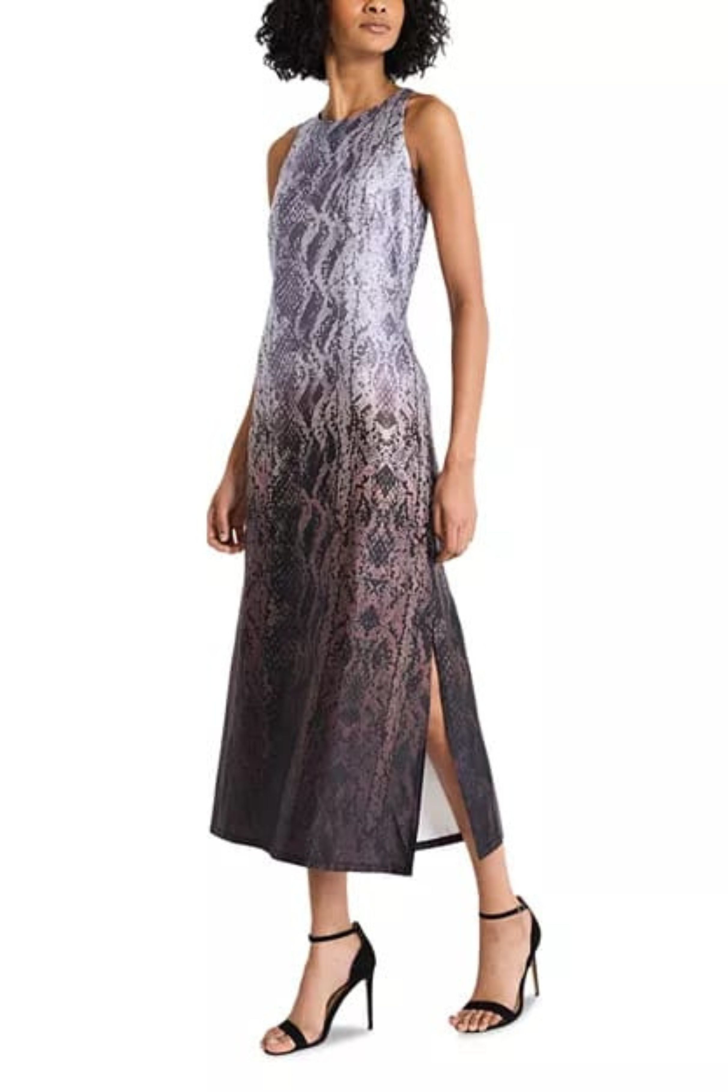 Luxely Y10217M Snake Print Sleeveless High Neck Charmeuse Maxi Dress with Side Slit