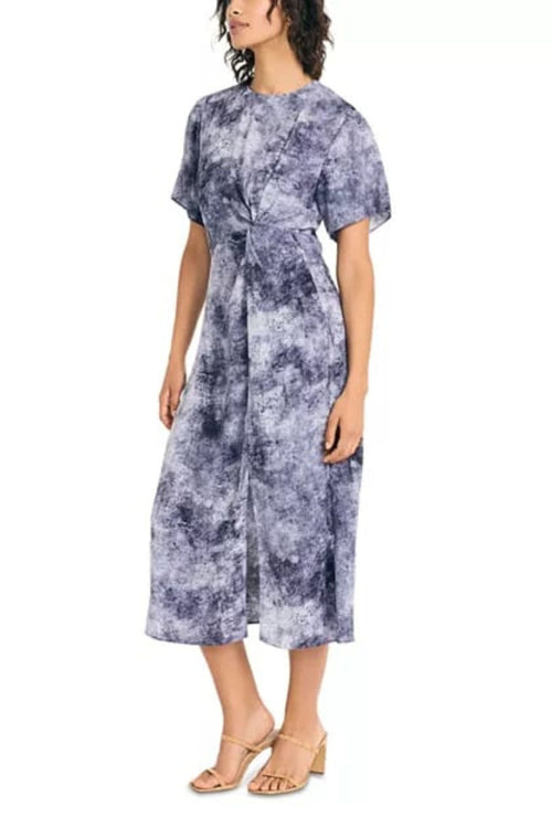 Luxely Y10236M Multi Splash Color Short Sleeve Chiffon Georgette Midi Dress with Slit