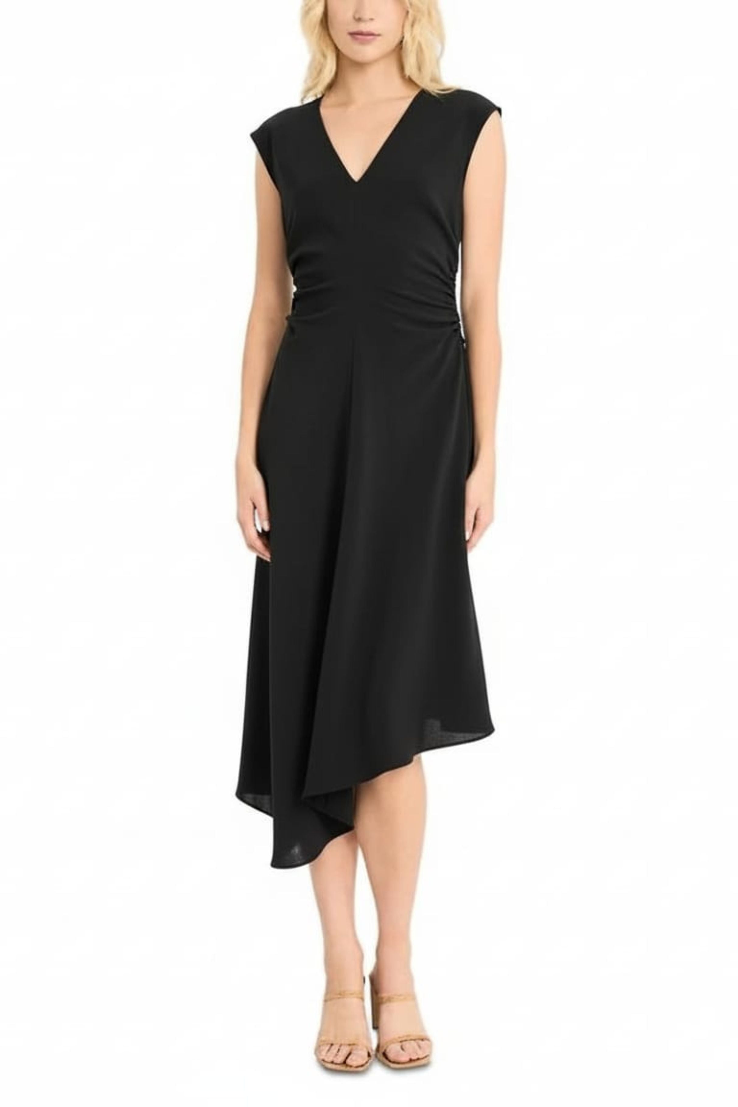 Luxely Y10237M Sleeveless V-Neck Asymmetrical Fit and Flare Midi Dress